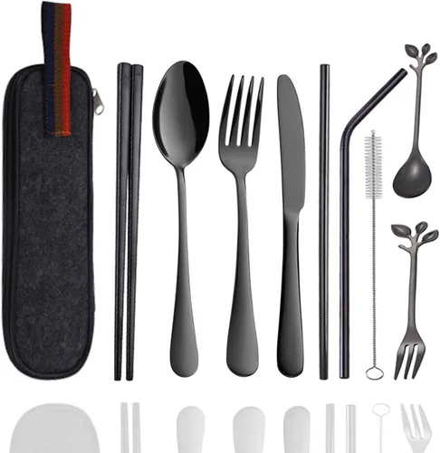 Vista 10 de Utensilios de madera reutilizables para comer, 8 piezas de cucharas de madera de viaje, tenedores, palillos, juego de cubiertos con estuche