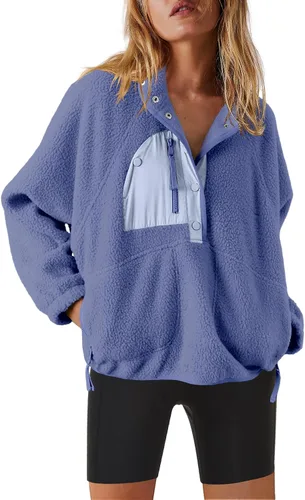 Vista 22 de Nirovien - Chaqueta de forro polar con capucha para mujer, manga larga, sherpa, sudadera mullida, abrigada, con botones y bolsillos Un rosa