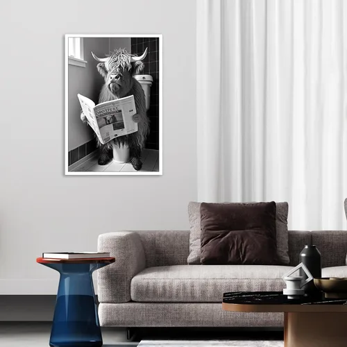 Vista 3 de KOEUIRW Divertido lienzo de baño de vaca de las tierras altas, arte de pared de cuernos largos en blanco y negro en el inodoro, póster estético