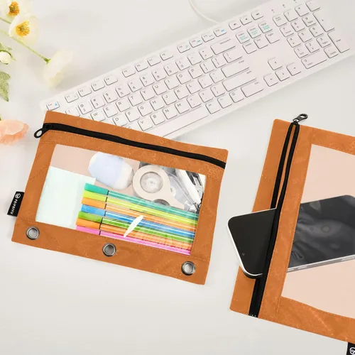 Vista 4 de Estuche naranja para carpeta de 3 anillas, paquete de 2 bolsas para lápices con ventana transparente con cremallera y ojales reforzados, estuche