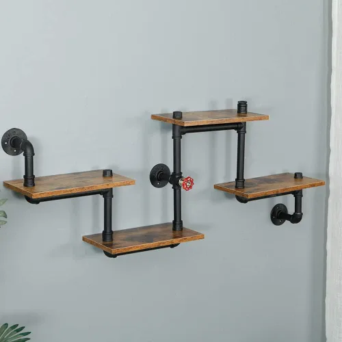 Vista 7 de Estantería de tubería industrial, estantes de tubería con tablones de madera, estantes flotantes montados en la pared, estante industrial rústico