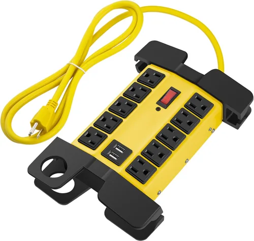 Vista 9 de CCCEI Regleta de alimentación resistente con puertos USB, 10 salidas para garaje, protector de sobretensiones de 2700 julios, metal para taller Gris