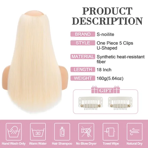 Vista 5 de S-noilite Extensiones de cabello de una pieza con clip, color rubio balayage de 18 pulgadas, en forma de U, extensiones de cabello de trama de una