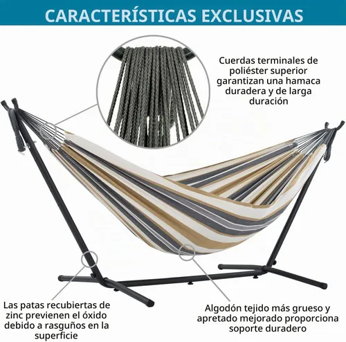 Vista 6 de Vivere Hamaca Doble de Algodón con Soporte de Acero que Ahorra Espacio, Cuerdas Terminales de Poliéster Mejoradas Capacidad de 450 lb - Bolsa