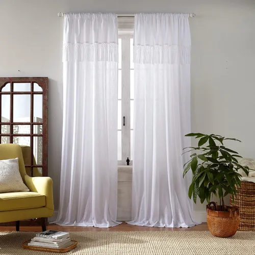 Vista 9 de Elrene Home Fashions Calypso - Cortina para ventana, de algodón semitransparente con borlas de macramé anudadas a mano, con bolsillo para barra, 52