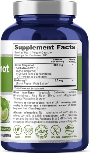 Vista 2 de NusaPure Cápsulas de bergamota cítrica, 600 mg, 200 cápsulas vegetales (sin OMG, veganas)