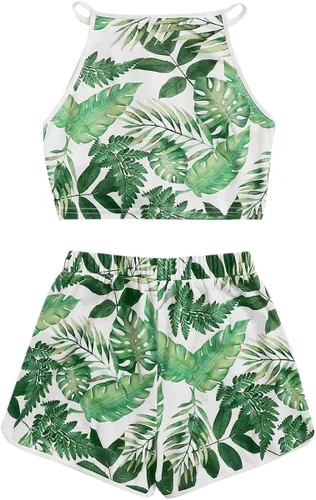 Vista 2 de Romwe Conjunto de 2 piezas con estampado tropical y dobladillo con lazo para niña