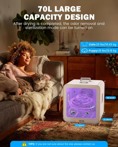 Vista 2 de PETNF - Caja secadora para mascotas para gatos y perros pequeños, cámara de secado automático de 70 litros con funcionamiento silencioso, flujo