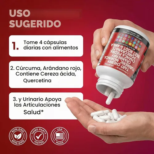 Vista 6 de Clean Nutraceuticals Cápsulas de extracto de cereza ácida con cúrcuma, moringa, arándano, chancapiedra, apio, quercetina, ACV, granada
