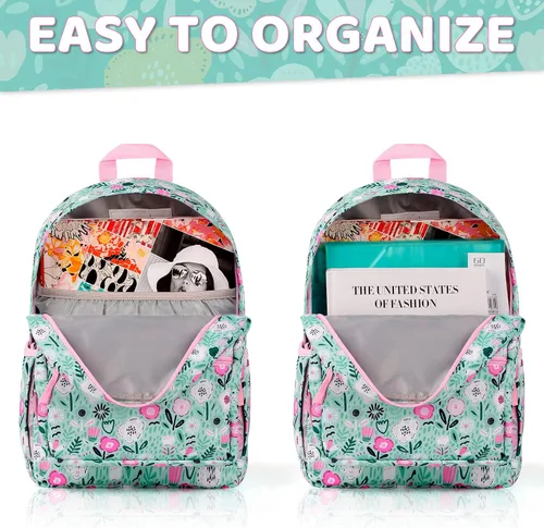 Vista 4 de Choco Mocha Mochila escolar de viaje para niñas de 17 pulgadas, Floral - Verde, Mochilas Daypack