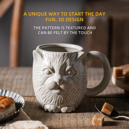 Vista 4 de Taza de café de cerámica de gato blanco de 20 onzas, taza de café grande de cerámica, taza con patrón de gato 3D novedoso para café, té, cacao