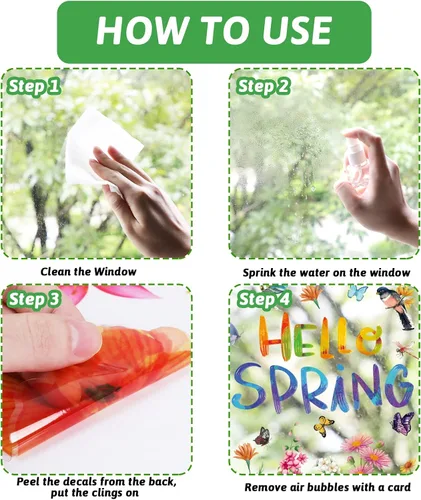 Vista 4 de 9 hojas de calcomanías de ventana de primavera con texto en inglés «Hello Spring» para ventanas, flores, mariposas, abejas, pájaros, calcomanías