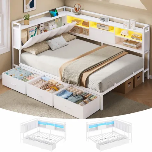 Vista 10 de Estructura de cama de esquina completa con 4 cajones, estantería y cabecero Negro