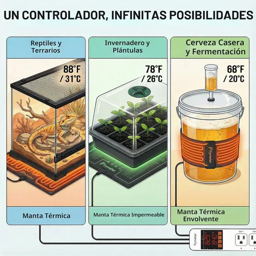 Vista 5 de Controlador digital de temperatura, termostato de reptil de sonda doble, salida controlada para tapete térmico de terrario, almohadilla