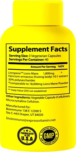 Vista 5 de BioImmune Cápsulas orgánicas de suplemento de melena de leones 120 cápsulas con Patent Litropane™ Immune System Booster Suplemento de hongos