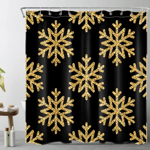 Vista 15 de LB Cortina de ducha de Feliz Navidad, bola de Navidad blanca y dorada sobre cortina de ducha negra para baño, 60 x 72 pulgadas, tela de poliéster