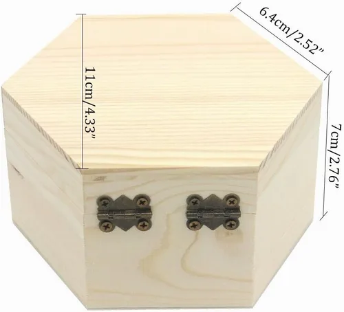 Vista 3 de Caja lisa sin terminar, caja de joyería hexagonal de madera sin pintar, caja del tesoro de almacenamiento de bricolaje