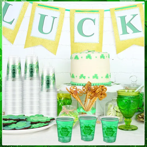 Vista 7 de Aoriher 100 tazas de trébol del día de San Patricio de 12 onzas desechables de plástico para feliz día de San Patricio, tazas verdes transparentes