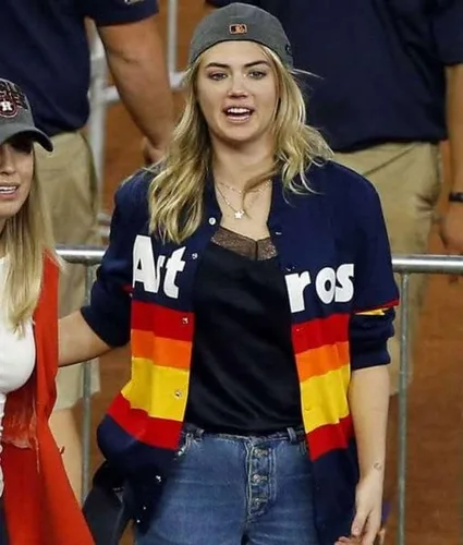 Vista 3 de Kate Upton Rainbow Stripe Chaqueta de suéter azul