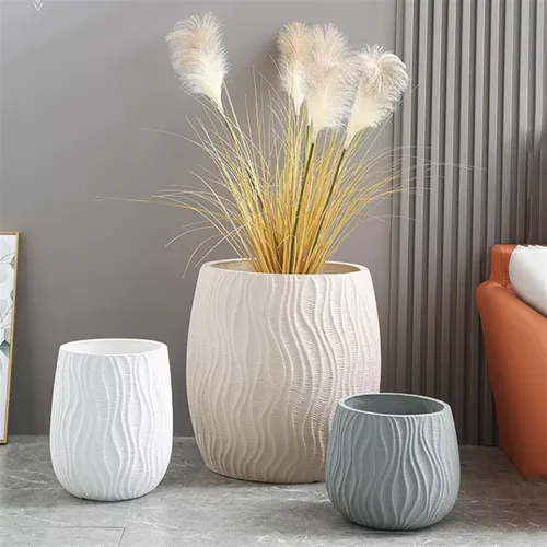 Vista 7 de Flower Pots Floor Plant Pots Cement Large Round Planters Simple Water Pattern Pattern Solid Color Green Plants Floriculture Flower Pots Plant Beige