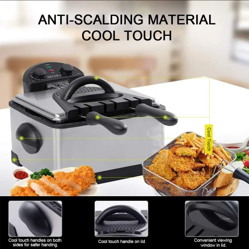 Vista 4 de Secura freidora eléctrica profunda con 3 cestas de acero inoxidable de 1700 vatios con temporizador, filtro de olor extra gratuito, 4.2 l/17 tazas