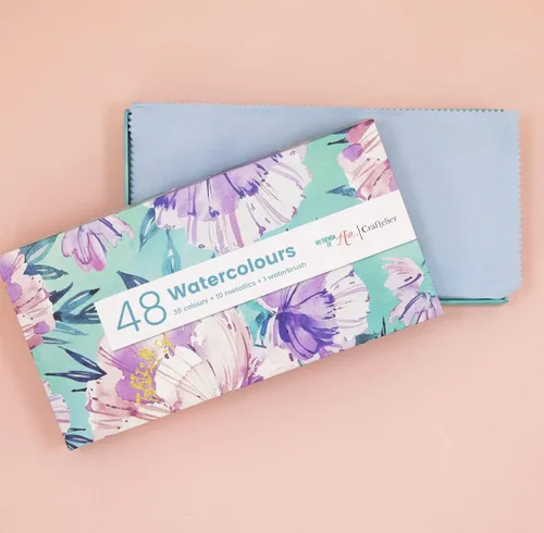 Vista 3 de Craftelier - Pastillero de acuarela con surtido de 48 colores + pincel de agua con depósito de agua para caligrafía, letras o medios mixtos y otras