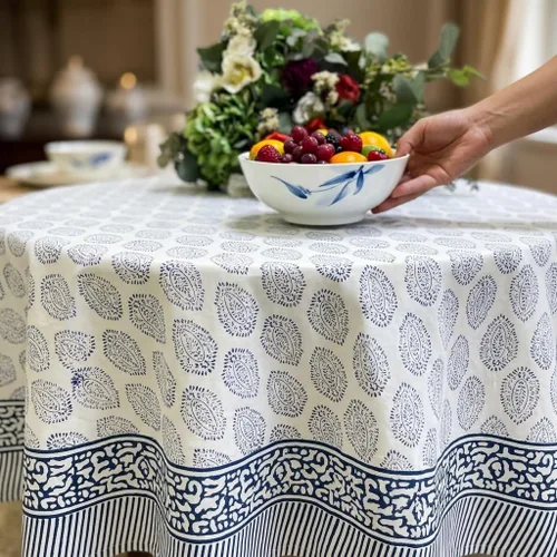 Vista 7 de ATOSII Amalfi - Mantel redondo de verano 100% algodón, estampado en bloques, para comedor, bodas, exteriores, fiestas, I Grand Millenial Farmhouse