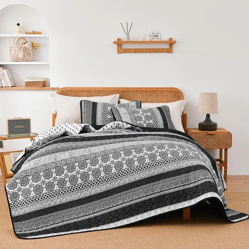Vista 5 de WONGS BEDDING Juego de Edredón Boho Tamaño Full, Juego de Edredones Bohemios Grises de 3 Piezas, Juego de Ropa de Cama Cubrecama de Microfibra Negro