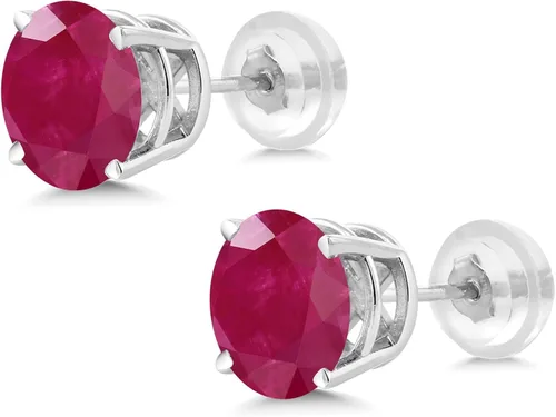 Vista 3 de Gem Stone King Pendientes de tuerca de oro blanco y rojo de 14 quilates para mujer