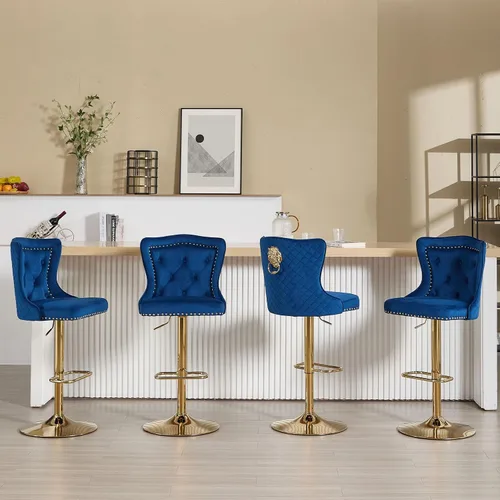 Vista 8 de Juego de 2 taburetes de bar negros y dorados, taburetes de bar de terciopelo con respaldo de ala alta, modernas sillas de bar tapizadas, taburete