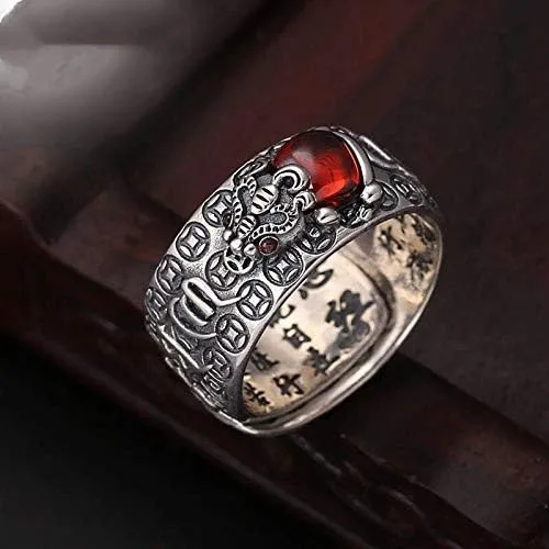 Vista 2 de Anillo vintage de plata Feng Shui Pixiu para mujeres y hombres, grabado de textos budistas, alivio máximo, dragón, sapo, pixiu, cameo, riqueza