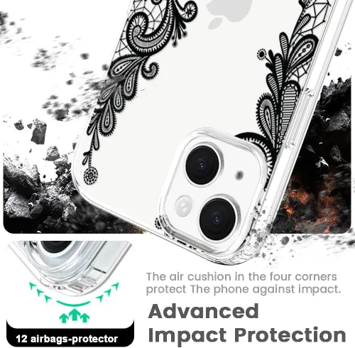Vista 3 de Compatible con iPhone 13, funda protectora de encaje negro transparente con flores florales a prueba de golpes, parte trasera dura, delgada, bonita