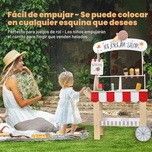 Vista 2 de Labebe Carrito de Helados de Madera para Niños, Camión de Helados para Niños Pequeños con Tirador, Juego de Simulación con Pizarra, Campanilla