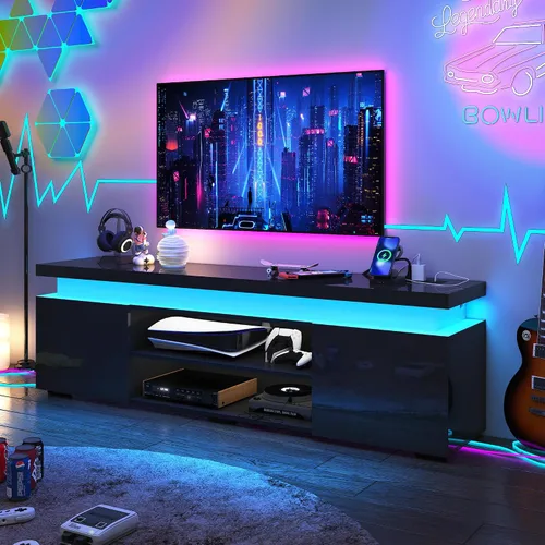 Vista 8 de Hlivelood Soporte de TV LED para TV de 75 pulgadas, moderno soporte de TV con toma de corriente, consola de TV de alto brillo con almacenamiento