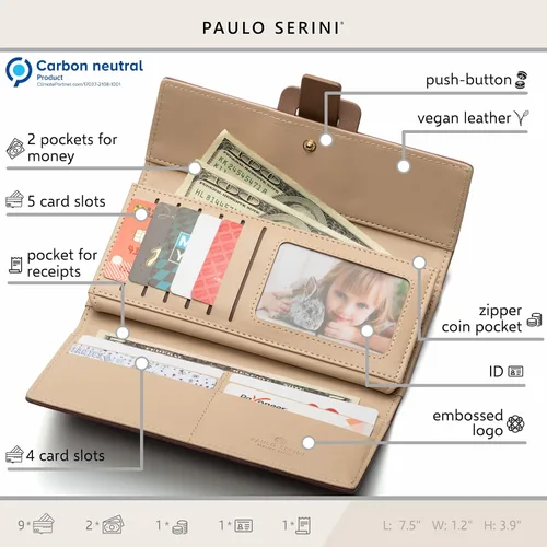 Vista 5 de PAULO SERINI Cartera Mujer - Cartera para mujer con monedero - Tarjetero 9 tarjetas - Pulsera - Carteras veganas para mujer - Regalos de cumpleaños