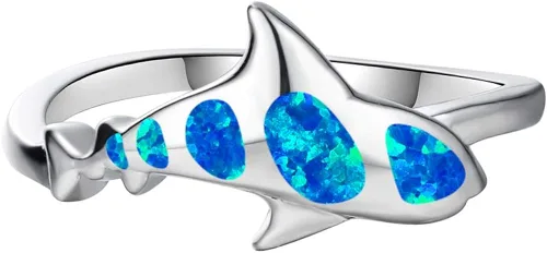 Vista 5 de Anillo de tiburón Bamos de 14 quilates chapado en oro blanco anillo de peces montado con ópalo para mujeres niñas hombres niños niños anillo