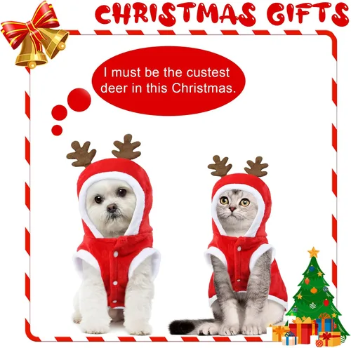 Vista 2 de Disfraz de Navidad para gatos, chaleco con capucha de Navidad para gatos con cuernos de alce, ropa de vacaciones para gatos y mascotas (S)