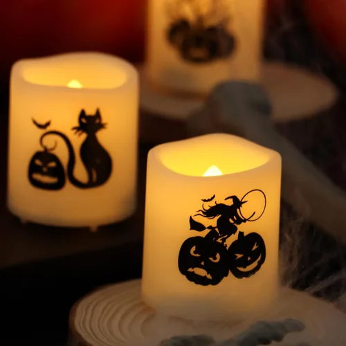 Vista 5 de Velas votivas sin llama con temporizador, luces LED con temporizador automático de ciclo diario integrado, calcomanías de calabaza para decoraciones