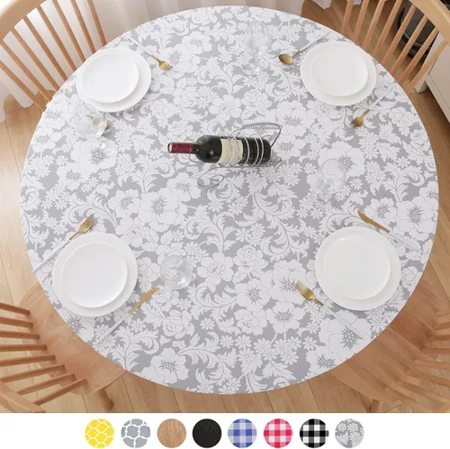 Vista 12 de Mantel redondo de vinilo de plástico ajustable con parte trasera de franela y borde elástico, protector de mesa impermeable para mesa de comedor