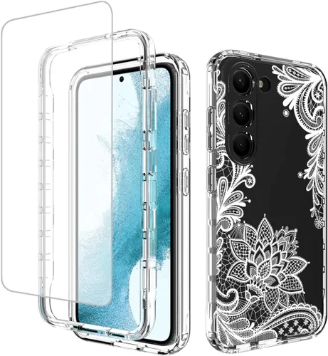 Vista 8 de Funda para Galaxy S23 con protector de pantalla de vidrio templado, funda protectora de cuerpo completo con bonito patrón floral transparente