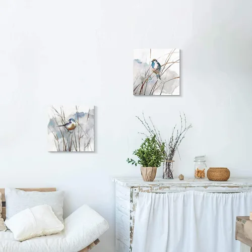 Vista 4 de Cuadro abstracto de pájaro para pared, diseño de pájaros en junco, impresiones de acuarelas sobre lienzo para dormitorio