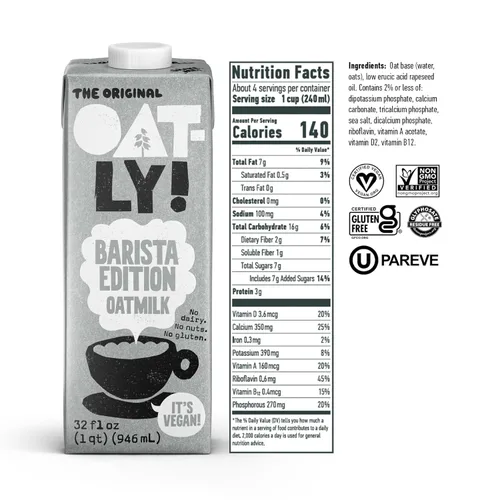 Vista 2 de Oatly Barista Edition - Leche de avena hecha para café, sin lácteos, a base de plantas, leche estable que hace la espuma perfecta