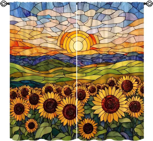 Vista 9 de Sunflower Curtains for Living Room Bedroom, Spring Nature Blue Sky and Butterfly Window Drapes, Rustic Wooden Fence Floral Botanical Decor, 2 Panels