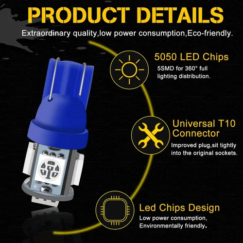 Vista 3 de Qasim Bombilla LED azul de 194, T10 W5W 2825, 158, 192, 168, 194, cuña 5-SMD 5050, ultra azul, para interior del automóvil, 12 V CC (paquete de 10)