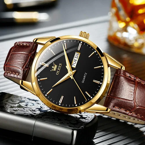 Vista 7 de OLEVS Reloj para hombres cronógrafo marrón cuero oro caso analógico cuarzo moda negocios vestido grande hombres reloj día fecha luminoso impermeable