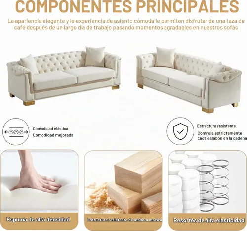 Vista 4 de Chesterfield - Juego de 2 sofás combinados de terciopelo de 3 plazas, 4 cojines clásicos de 6.5 pulgadas, brazo enrollado moderno adecuado para sala