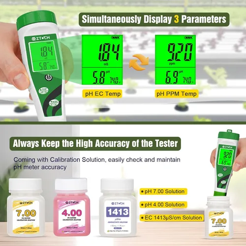Vista 9 de Medidor de pH EC TDS para nutrientes hidropónicos de agua con solución de calibración de pH 4.00 de 8.4 oz y solución de calibración pH 7.00 de 8.4