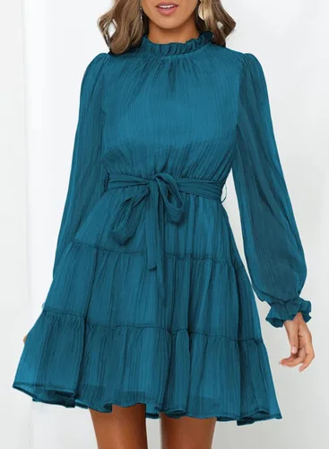 Vista 2 de FARYSAYS Vestidos de mujer 2023 de manga larga con volantes en la cintura, lazo casual escalonado, acampanado, mini vestido con vuelo