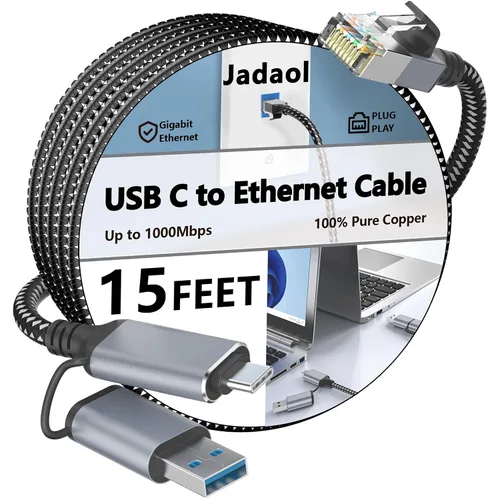 Vista 9 de Jadaol Cable USB-C/USB-A a Ethernet de 3 pies, adaptador USB-A integrado, LAN Gigabit RJ45 de hasta 1 Gbps, Plug & Play para la mayoría