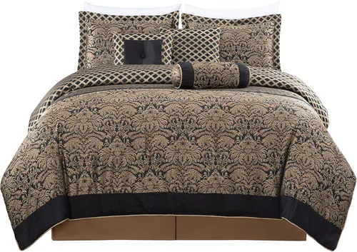 Vista 8 de Chezmoi Collection Juego de edredón Jacquard Floral de 7 piezas, color negro y dorado, con medallón de diamante, tamaño Queen Negro/Marrón Floral